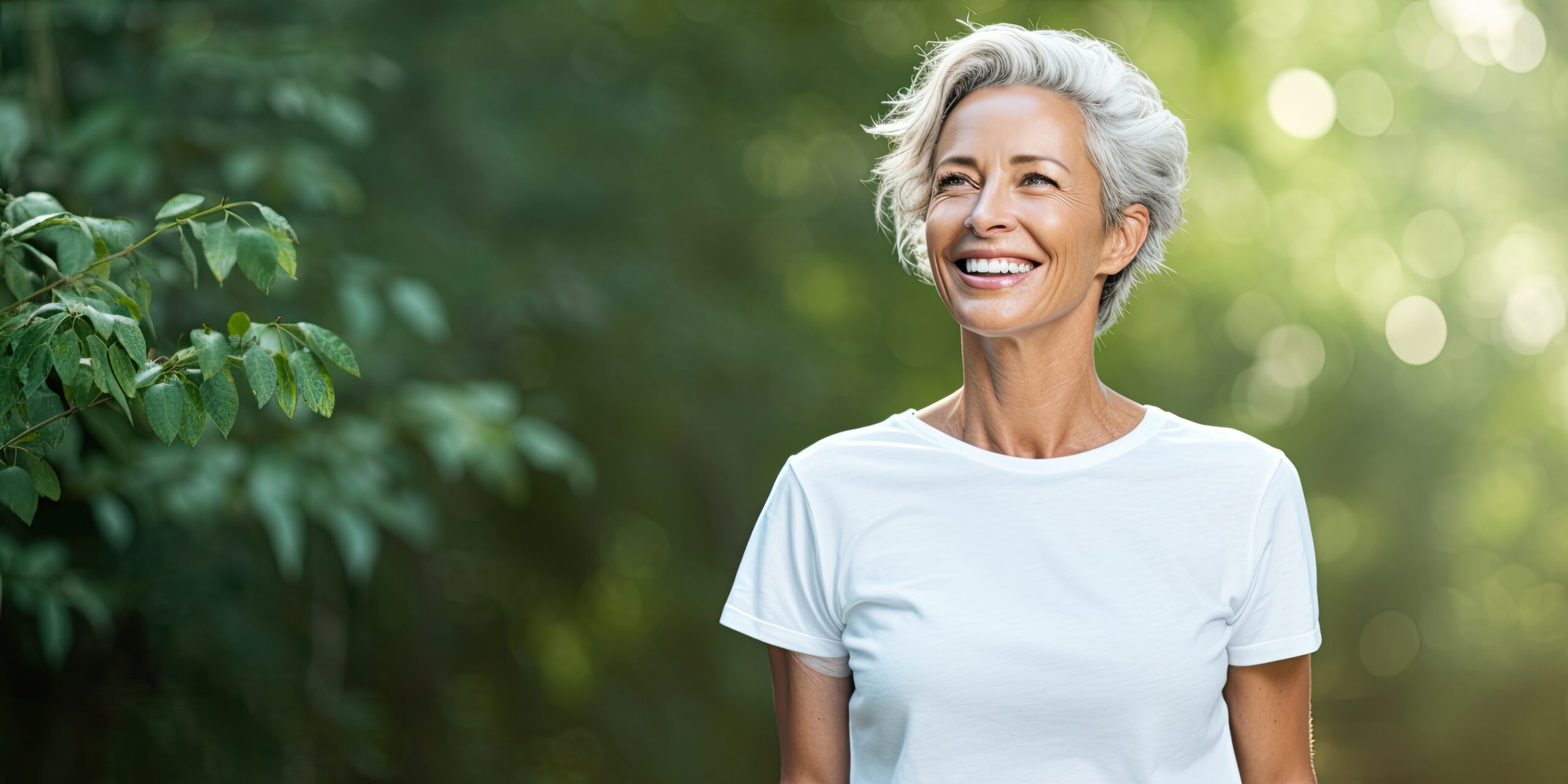 Beautiful mature woman in her fifties with green garden background, smiling senior lady in a white t-shirt, outdoor portrait with copy space